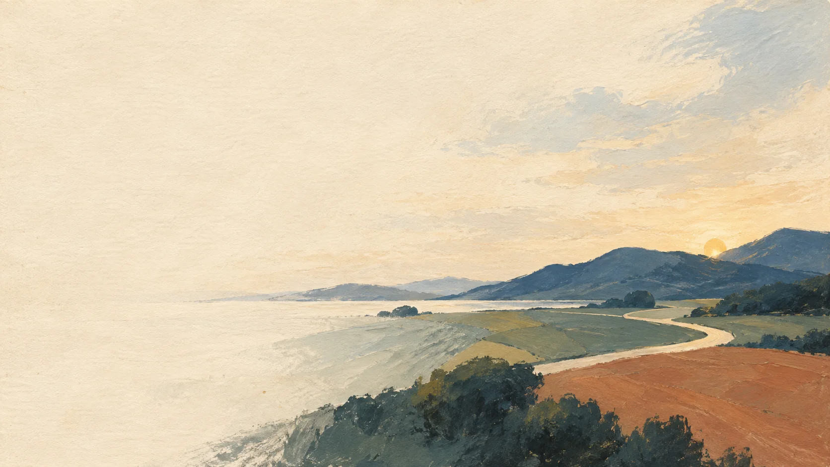Painted coastal landscape with a winding path and muted hills.